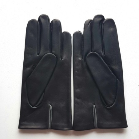 Gants en Cuir d'Agneau Noir Gris Aki Doublés Soie.