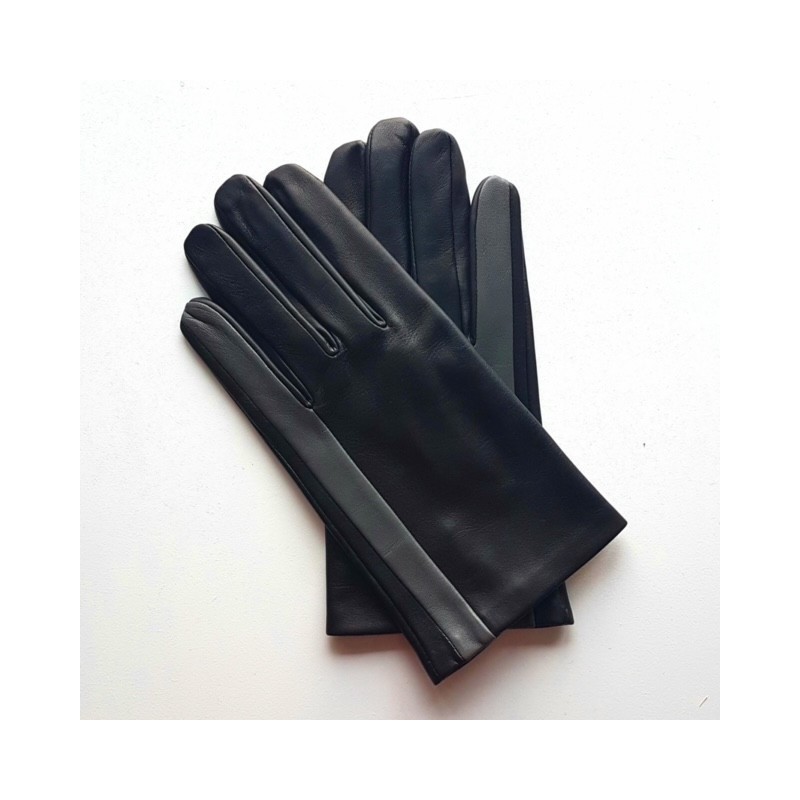Gants en Cuir d'Agneau Noir Gris Aki Doublés Soie.