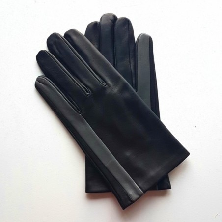Gants en Cuir d'Agneau Noir Gris Aki Doublés Soie.