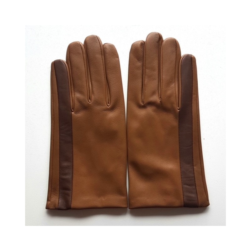 Gants en Cuir d'Agneau Biscuit Tobacco Aki Doublés Soie.