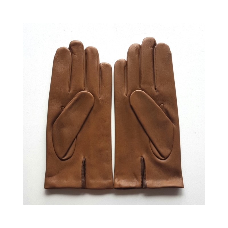 Gants en Cuir d'Agneau Biscuit Tobacco Aki Doublés Soie.