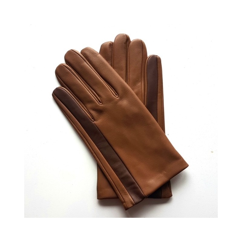 Gants en Cuir d'Agneau Biscuit Tobacco Aki Doublés Soie.