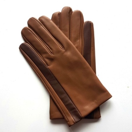 Gants en Cuir d'Agneau Biscuit Tobacco Aki Doublés Soie.