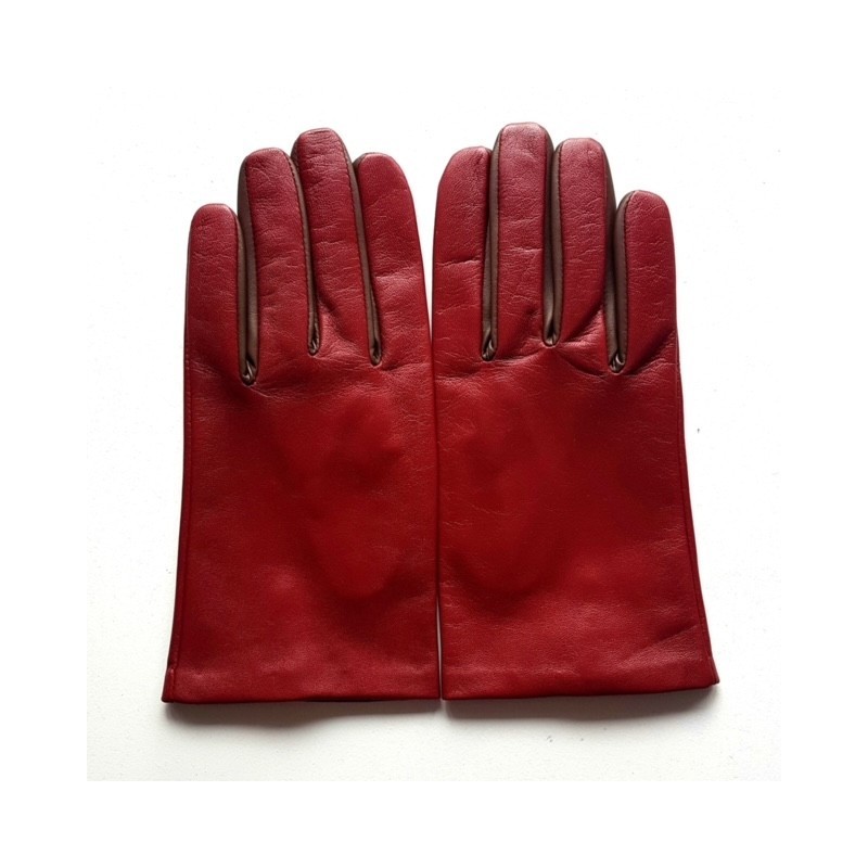 Gants en Cuir d'Agneau Rouge h Havane H Doublés soie.