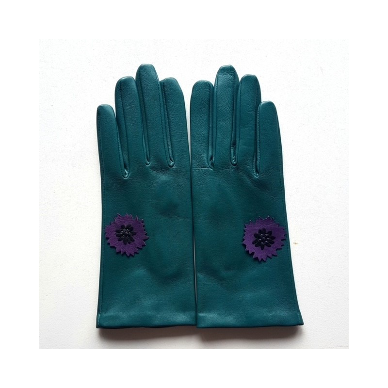 Gants en Cuir d'Agneau Vert Noir Améthyste Myosotis Doublés Soie.