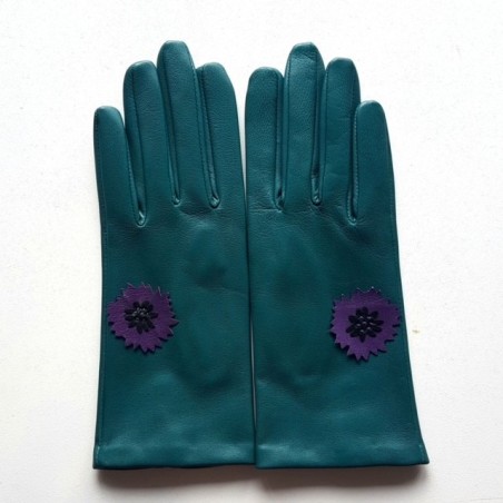 Gants en Cuir d'Agneau Vert Noir Améthyste Myosotis Doublés Soie.