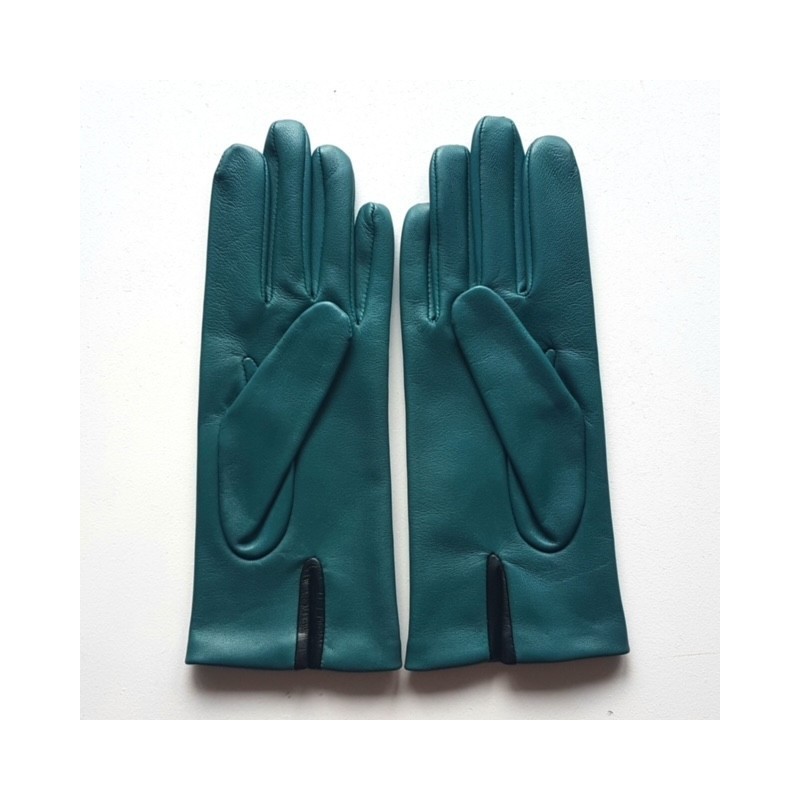 Gants en Cuir d'Agneau Vert Noir Améthyste Myosotis Doublés Soie.