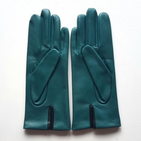 Gants en Cuir d'Agneau Vert Noir Améthyste Myosotis Doublés Soie.
