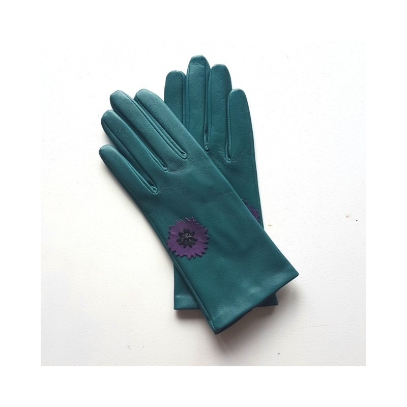 Gants en Cuir d'Agneau Vert Noir Améthyste Myosotis Doublés Soie.