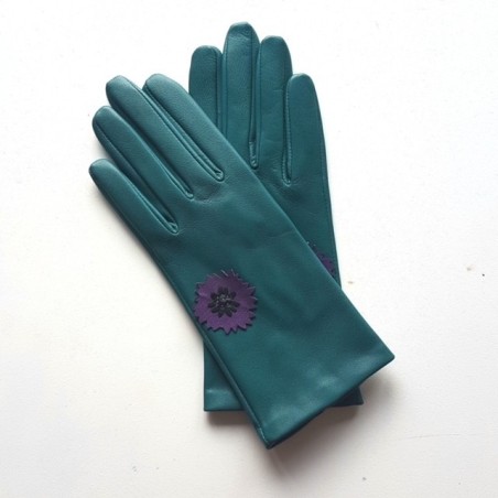 Gants en Cuir d'Agneau Vert Noir Améthyste Myosotis Doublés Soie.