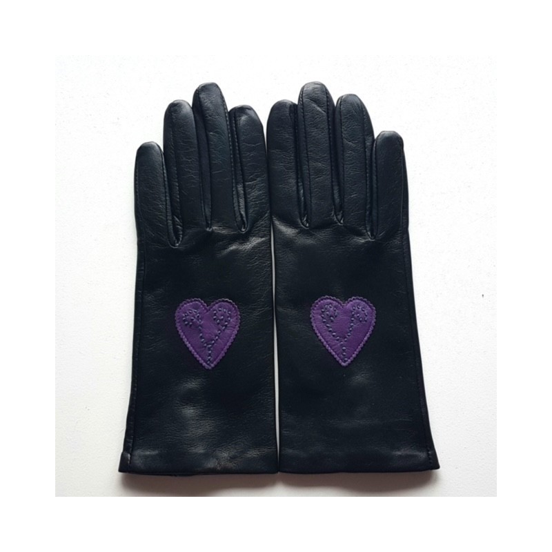 Gants en Cuir d'Agneau Noir Améthyste Vert Coeur Doublés Soie.