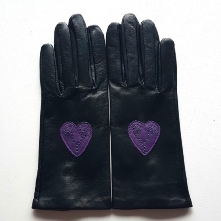 Gants en Cuir d'Agneau Noir Améthyste Vert Coeur Doublés Soie.