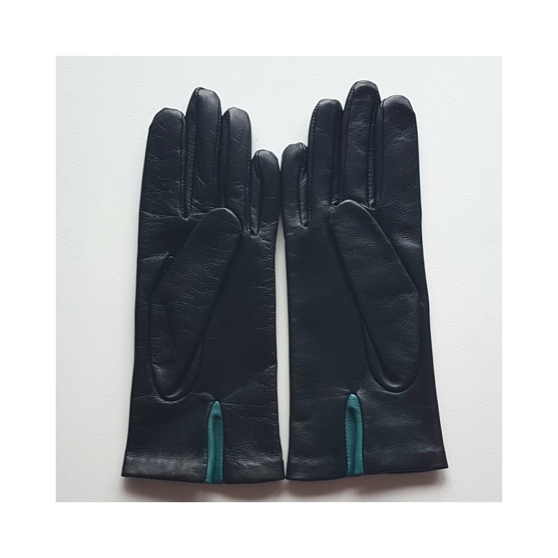 Gants en Cuir d'Agneau Noir Améthyste Vert Coeur Doublés Soie.