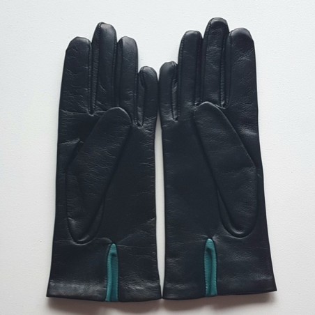 Gants en Cuir d'Agneau Noir Améthyste Vert Coeur Doublés Soie.