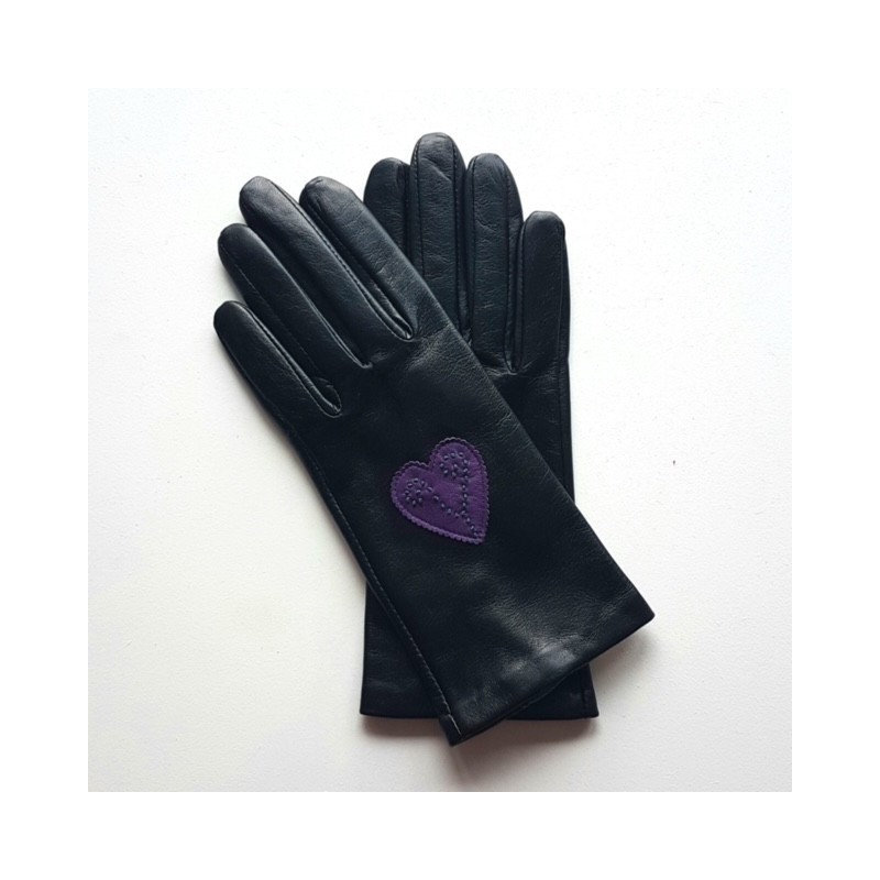 Gants en Cuir d'Agneau Noir Améthyste Vert Coeur Doublés Soie.