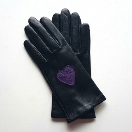 Gants en Cuir d'Agneau Noir Améthyste Vert Coeur Doublés Soie.
