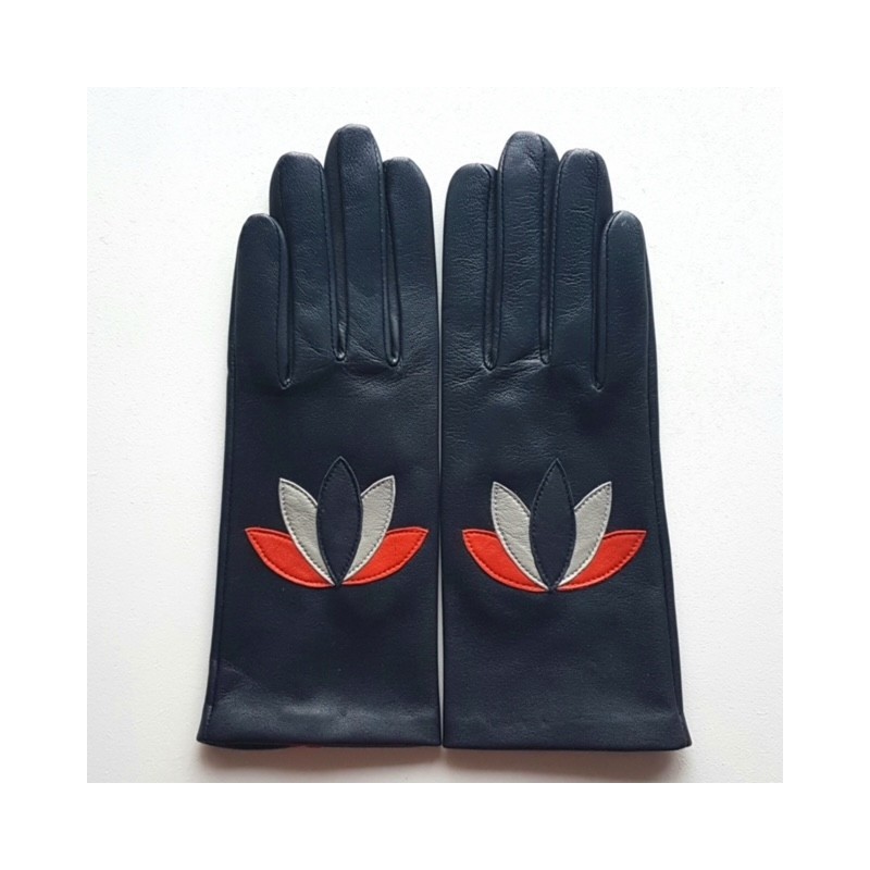 Gants en Cuir d'Agneau Navy Orange Gris Rotasu Doublés Soie.