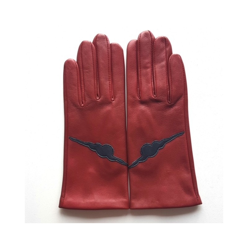 Gants en Cuir d'Agneau Rouge H Navy Kuraudo Doublés Soie.