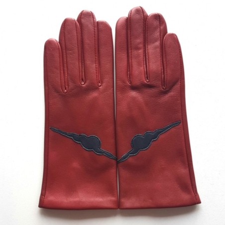 Gants en Cuir d'Agneau Rouge H Navy Kuraudo Doublés Soie.