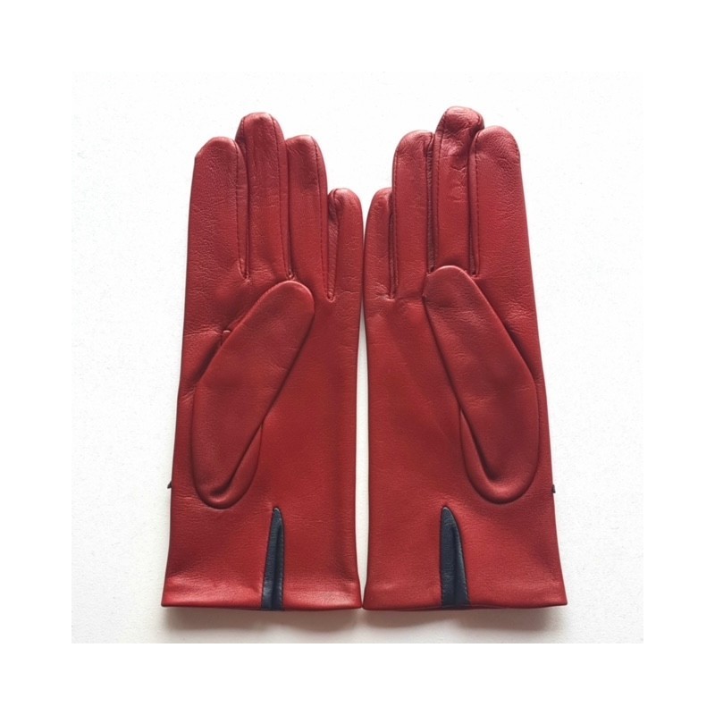 Gants en Cuir d'Agneau Rouge H Navy Kuraudo Doublés Soie.
