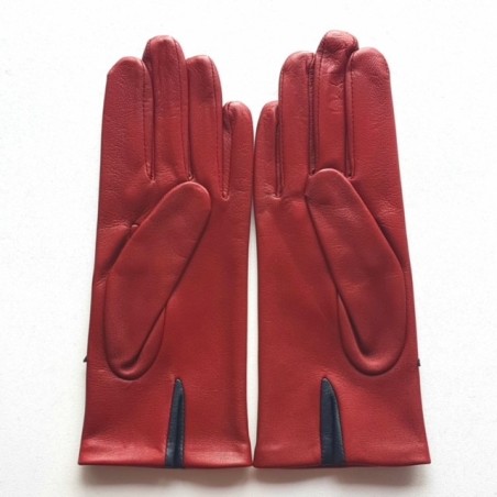 Gants en Cuir d'Agneau Rouge H Navy Kuraudo Doublés Soie.