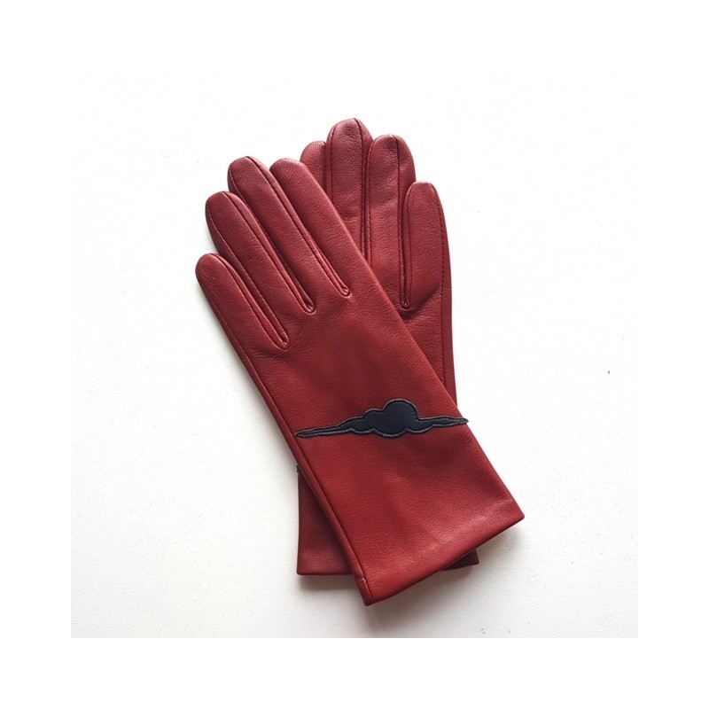 Gants en Cuir d'Agneau Rouge H Navy Kuraudo Doublés Soie.
