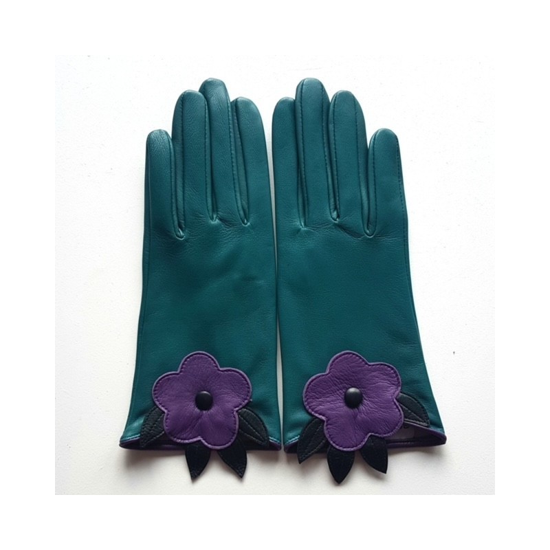 Gants en Cuir d'Agneau Vert Améthyste Noir Ciste Doublés Soie.