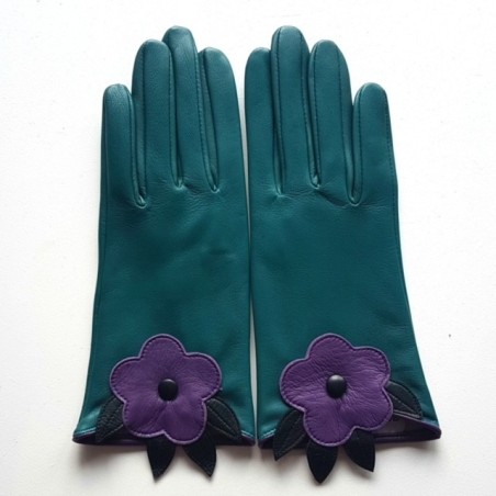 Gants en Cuir d'Agneau Vert Améthyste Noir Ciste Doublés Soie.