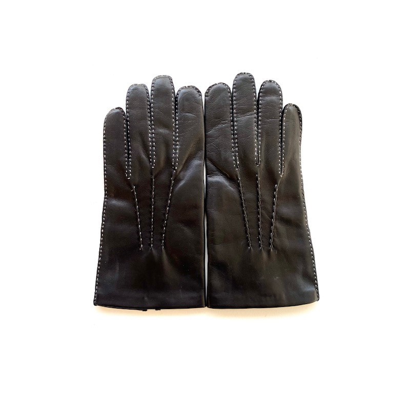 Gants en Cuir d'Agneau Noir Fil Blanc Pierre Doublés Soie.