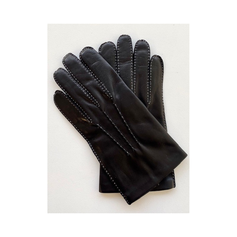 Gants en Cuir d'Agneau Noir Fil Blanc Pierre Doublés Soie.