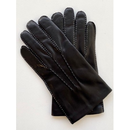 Gants en Cuir d'Agneau Noir Fil Blanc Pierre Doublés Soie.