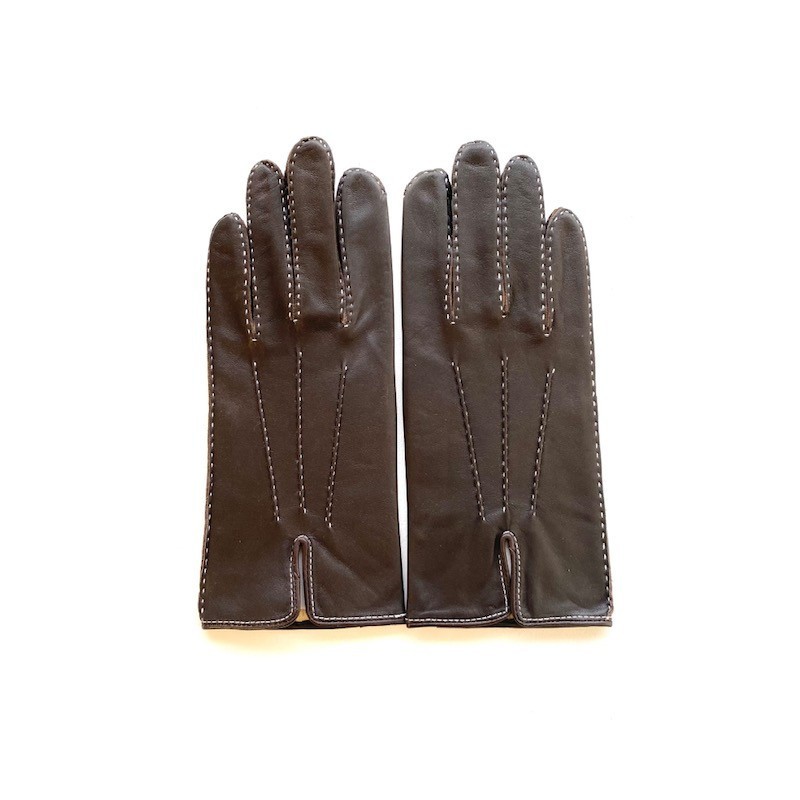 Gants en Cuir d'Agneau  Marron Blanc Gisèle Doublés Soie.