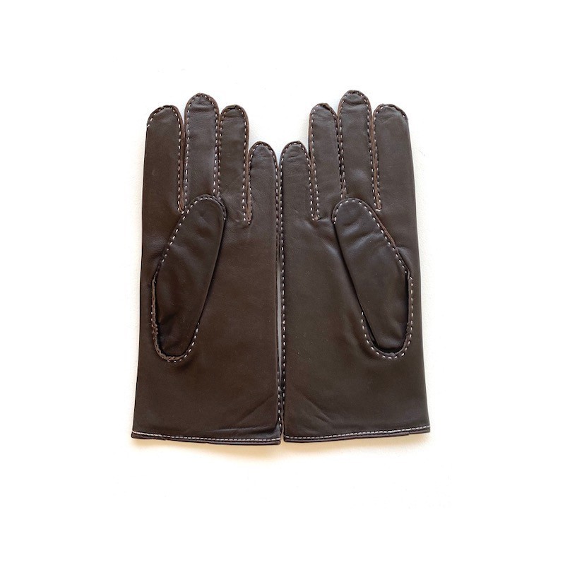 Gants en Cuir d'Agneau  Marron Blanc Gisèle Doublés Soie.