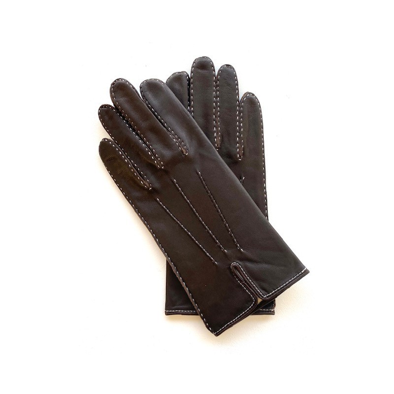 Gants en Cuir d'Agneau  Marron Blanc Gisèle Doublés Soie.