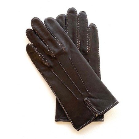 Gants en Cuir d'Agneau  Marron Blanc Gisèle Doublés Soie.