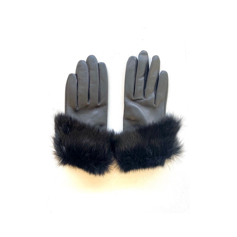 Gants en Cuir d'Agneau Fourrure Lapin Noir Steppe Doublés Soie