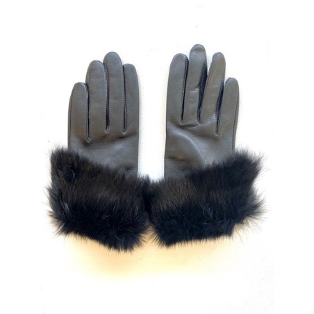 Gants en Cuir d'Agneau Fourrure Lapin Noir Steppe Doublés Soie