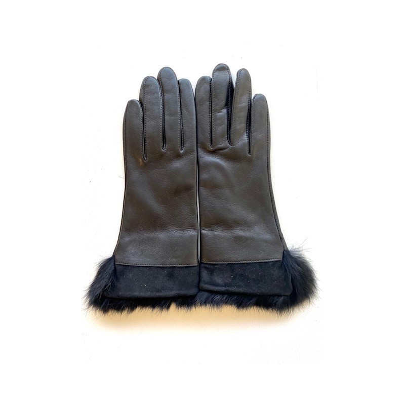 Gants en Cuir d'Agneau Fourrure Lapin Noir Steppe Doublés Soie