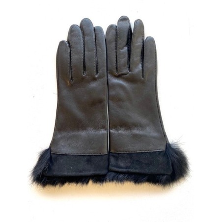Gants en Cuir d'Agneau Fourrure Lapin Noir Steppe Doublés Soie