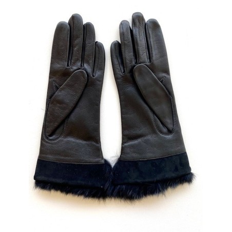 Gants en Cuir d'Agneau Fourrure Lapin Noir Steppe Doublés Soie