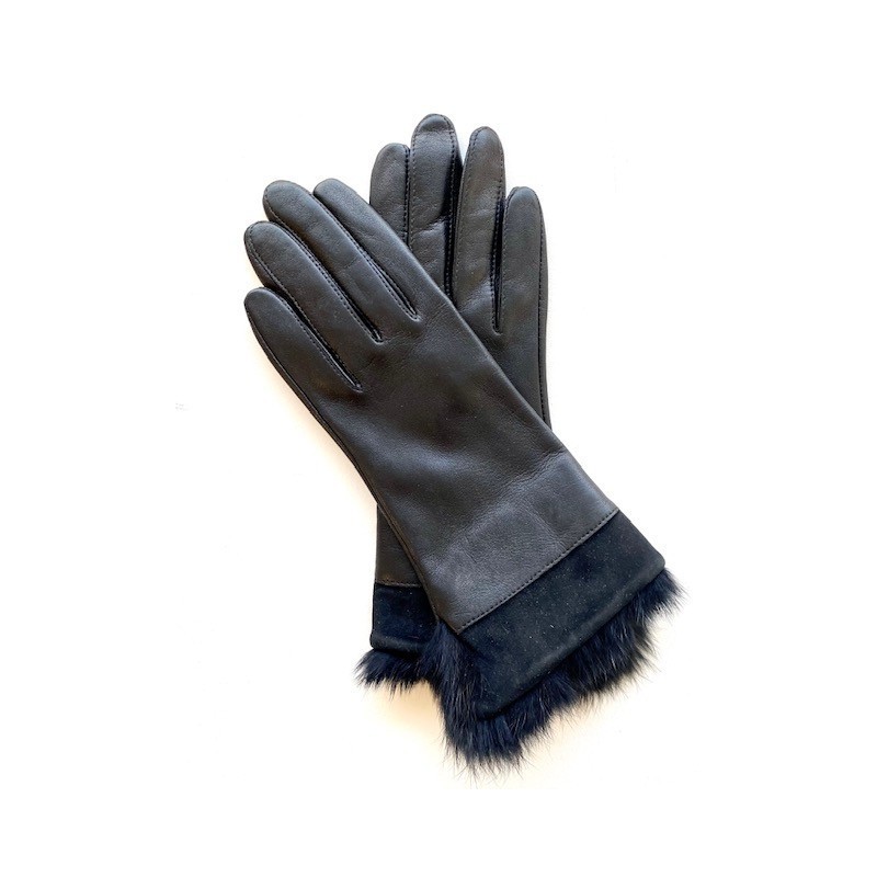 Gants en Cuir d'Agneau Fourrure Lapin Noir Steppe Doublés Soie