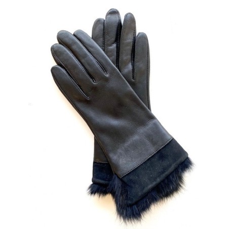 Gants en Cuir d'Agneau Fourrure Lapin Noir Steppe Doublés Soie