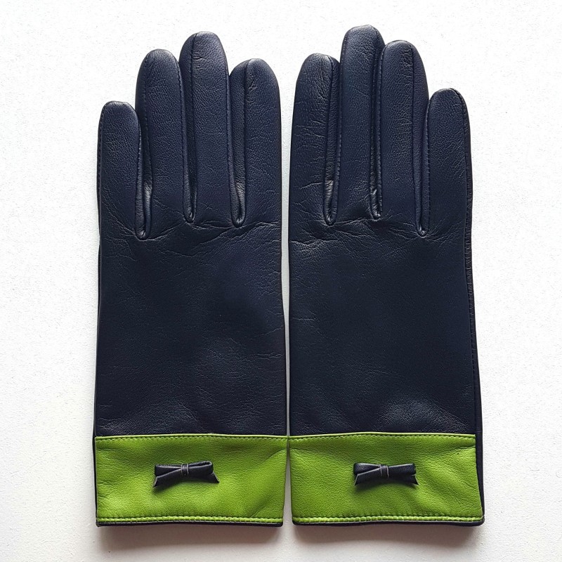 Gants en Cuir d'Agneau Prune et Pistache Anémone Doublés Soie.