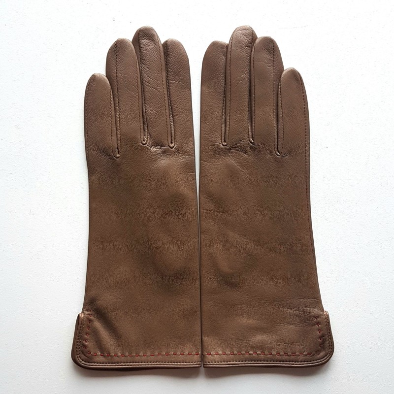 Gants en Cuir d'Agneau Argile Rouge Violette Doublés Soie.
