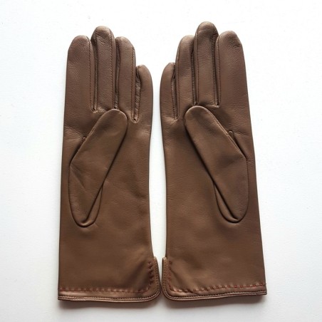 Gants en Cuir d'Agneau Argile Rouge Violette Doublés Soie.