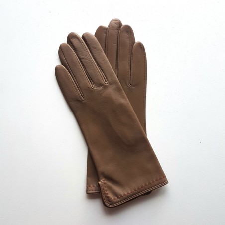 Gants en Cuir d'Agneau Argile Rouge Violette Doublés Soie.
