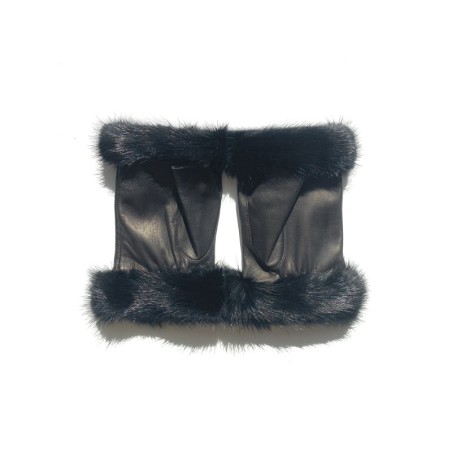 Mitaines en Cuir d'Agneau Brun Vison Noir Audra Doublées soie.