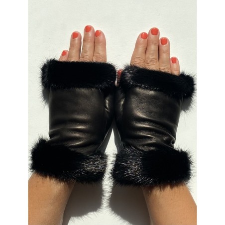 Mitaines en Cuir d'Agneau Brun Vison Noir Audra Doublées soie.