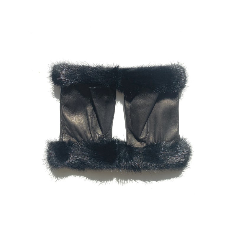 Mitaines en Cuir d'Agneau Brun Vison Noir Audra Doublées soie.