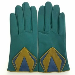 Gants en Cuir d'Agneau Vert Natier Luciole Origami Doublés Soie.